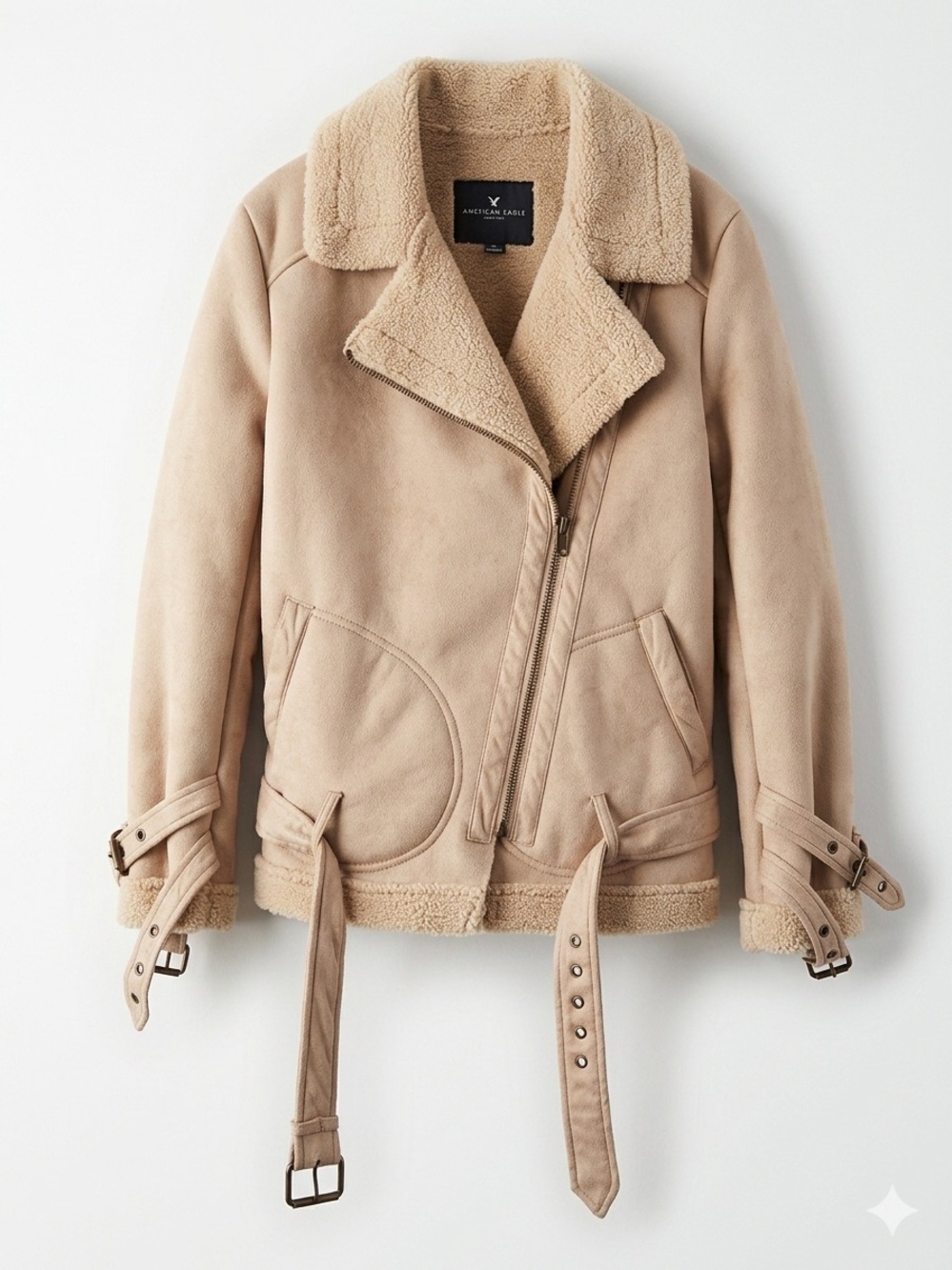American Eagle Outfitters Beige Shearling Moto Jacket